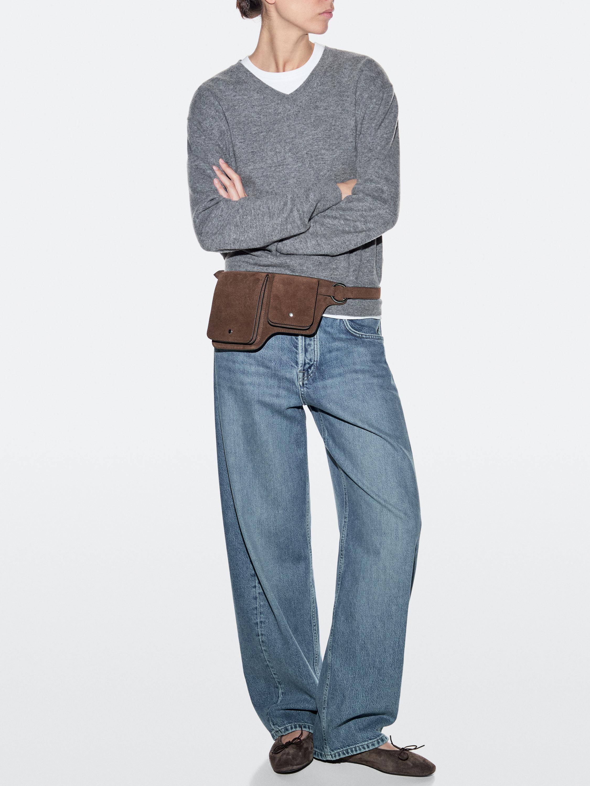 Split leather double compartment belt bag